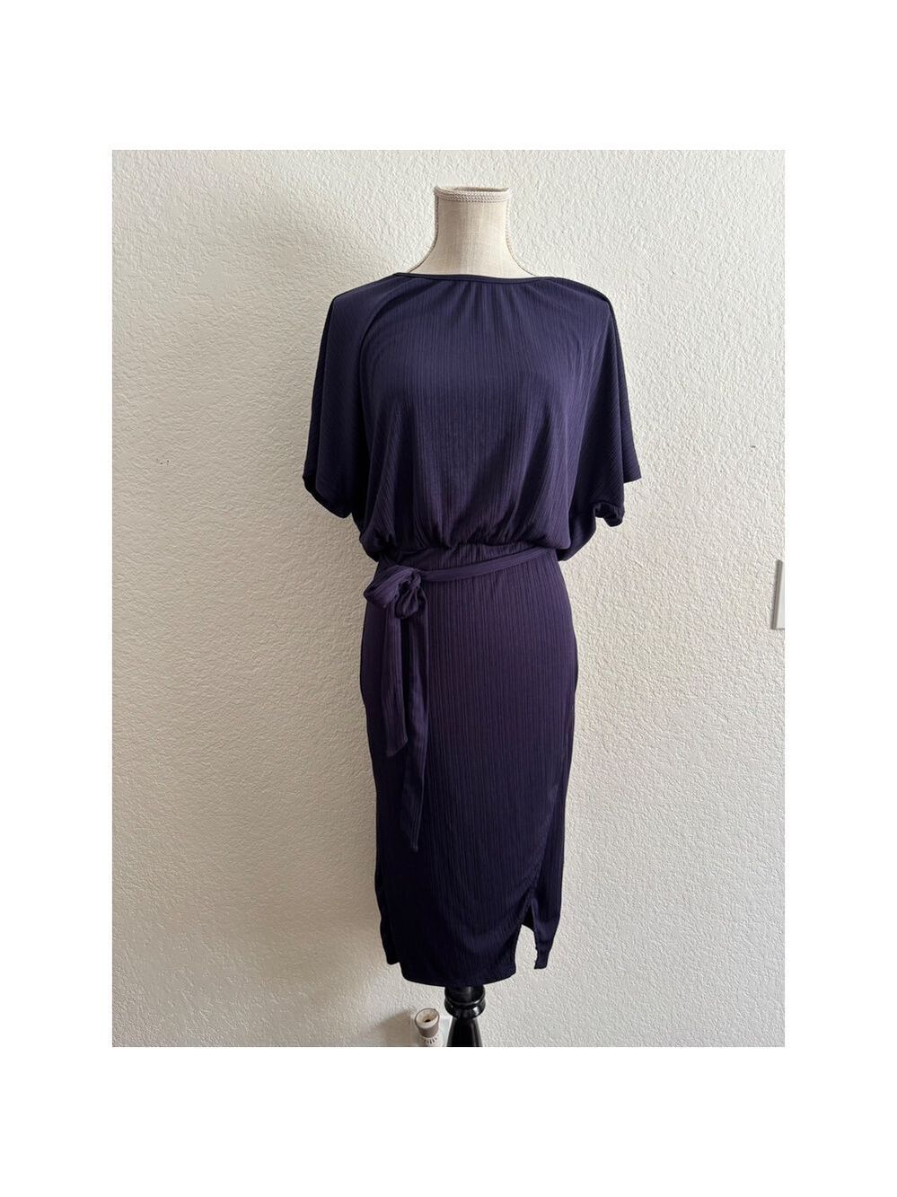 Shein Plisse Ribbed Midi Dress Womens Size Large Purple Belted Dolman Boat Neck